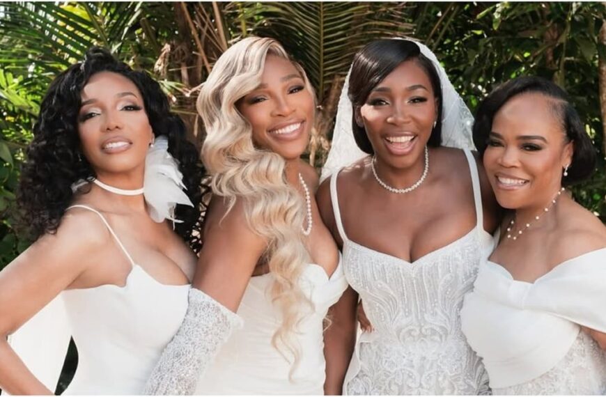 Venus and Serena Williams posing in a white wedding gowns during her marriage to Andrea Preti - Fashion Police Nigeria