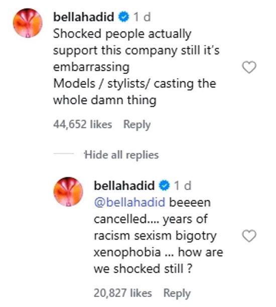 bella hadid calls out d&g in her comment (1)