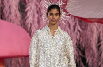 Photo of Bhavitha Mandava walking the runway during fashion week show