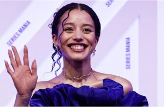 Photo of Chase Infiniti's Louis Vuitton blue custom dress at The Testaments world premiere