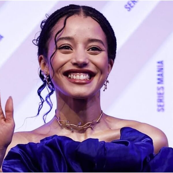 Photo of Chase Infiniti's Louis Vuitton blue custom dress at The Testaments world premiere