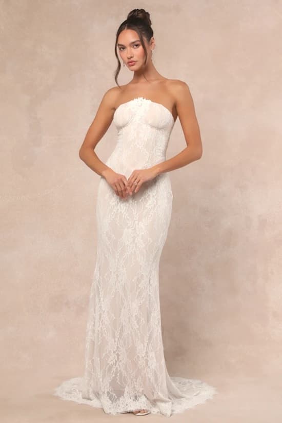 Best Places to Buy Your Gorgeous Wedding Dress Online Lulus Valeria White Lace Strapless Bustier Maxi Dress - Fashion Police Nigeria