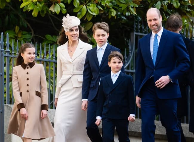 Photo of Kate Middleton Kate's Self-Portrait Oatmeal Tailored Crepe Lace Detail midi dress during of her 2026 Easter Service Return