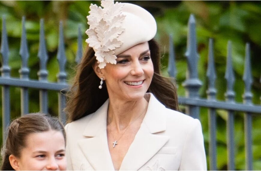 Photo of Kate Middleton Kate's Self-Portrait Oatmeal Tailored Crepe Lace Detail midi dress during of her 2026 Easter Service Return