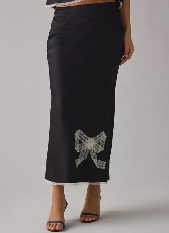 shop LoveShackFancy Vallis Bow Applique Lace Trim Satin Slip Midi Skirt - Fashion Police Nigeria
