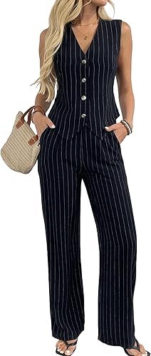 shop Women's 2 Piece Outfits Linen Vest Waistcoat Dressy Casual Sets Wide Leg Pants Suits - Fashion Police Nigeria