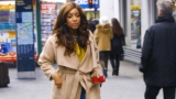 Joselyn Dumas Walks The Street Of London In A Nude Coat And Denim Pants