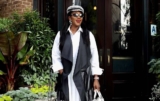 Stephanie Okereke Nails Parisian Chic in a Shirt Dress, Jacket, and a Houndstooth Cap