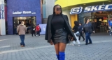 Ini Edo Wore A Blazer, Leather Skirt, Thigh-High Boots On The Street Of Hollywood