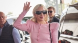 Lady Gaga Goes Head-to-Toe in Bubblegum Pink Two-Piece and Matching Platform Heels