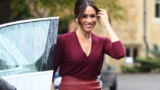 Meghan Markle Leather Skirt V-Neck Sweater Outfit FPN