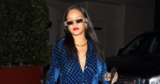 Rihanna Serves a Monochrome Moment in a Vintage Blue Shirt and Denim Pants